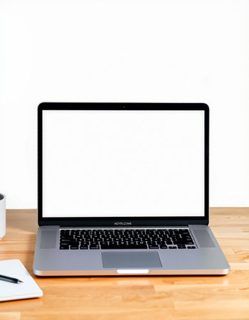 Laptop with blank screen on wooden table and white wall background.
