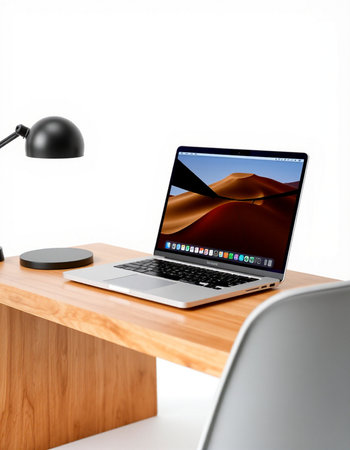 Laptop on wood table and white wall. 3d rendering.