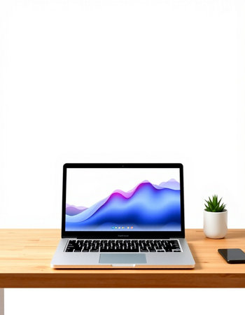 Modern laptop on wooden desk isolated on white background. 3D illustration.