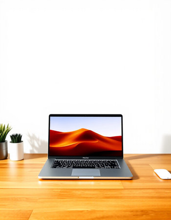 Laptop on wood table with white wall background. 3d rendering.の写真素材
