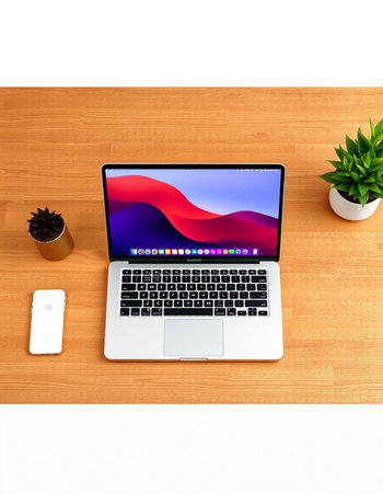 Laptop on wooden table with smartphone and plant. 3d rendering.
