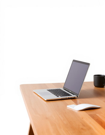 Laptop and coffee cup on wooden table isolated on white background.