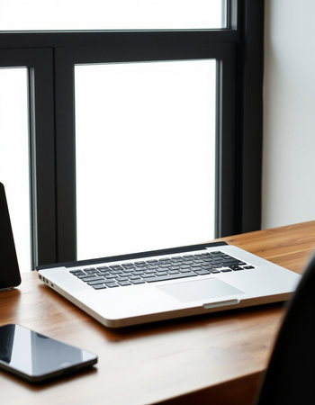 Laptop computer with blank screen on the wooden table in modern officeの写真素材