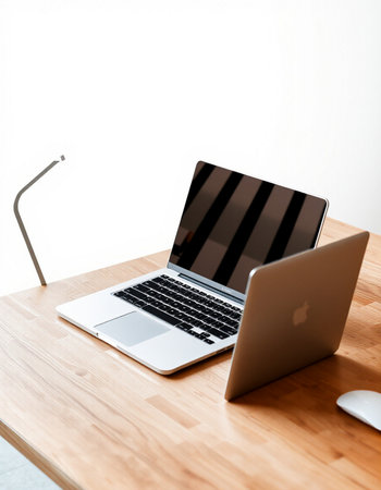Laptop on a wooden desk with a lamp on a white background