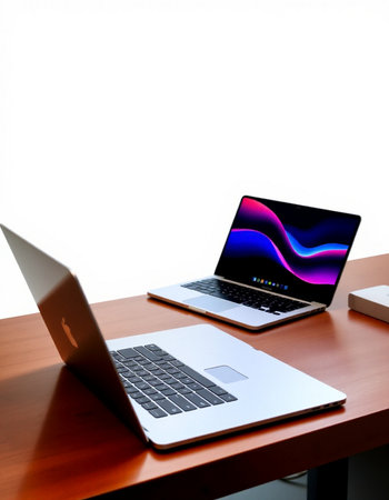 Laptop on the desk with white background.の写真素材