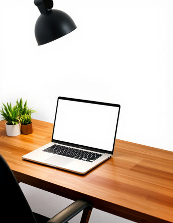 Laptop with blank screen on wooden desk and white wall background.の写真素材