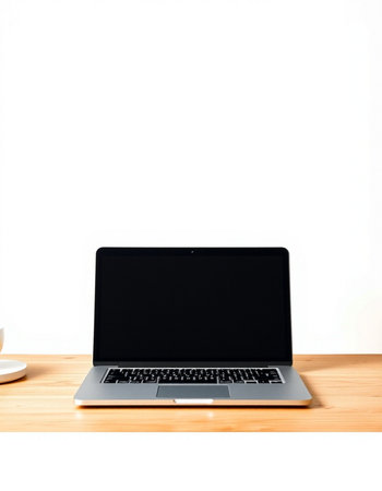 Laptop computer with blank screen on wooden table isolated on white background