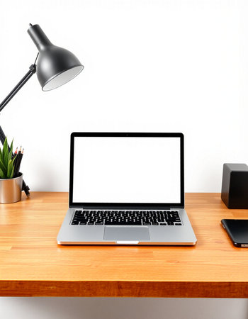 Laptop with blank screen on wooden table and black lamp on white wall background