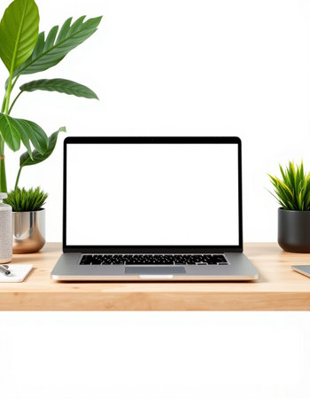 Laptop computer with blank screen on wooden table and white wall background
