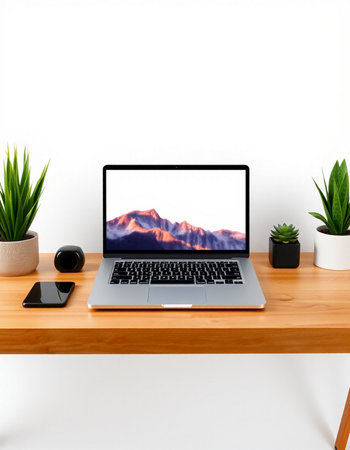Laptop on a wooden table with a white wall in the background