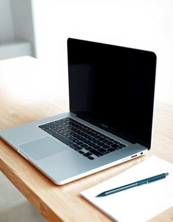 Laptop on a wooden table with a notebook and a pen.