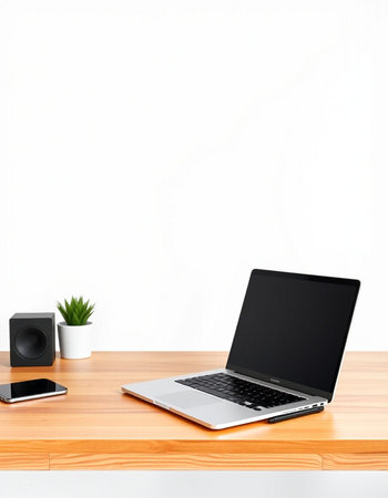 Laptop and smartphone on a wooden desk in front of a white wall