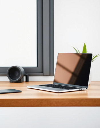 Laptop on wooden desk in front of window. 3d rendering