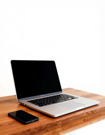 Laptop and smartphone on a wooden desk with white wall background.