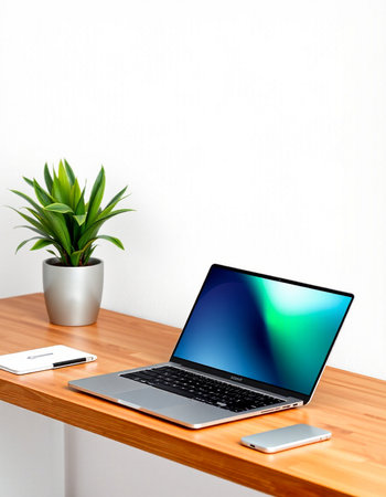 Laptop and smart phone on wooden table with plant on white wall background