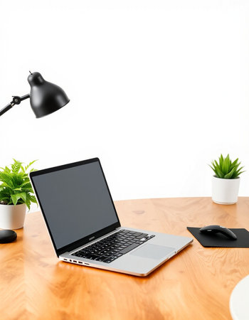 Laptop with blank screen on wooden table and lamp on white wall background
