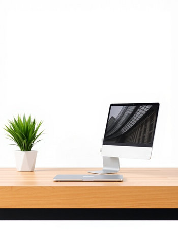 Computer on a desk with a plant in a vase on a white background