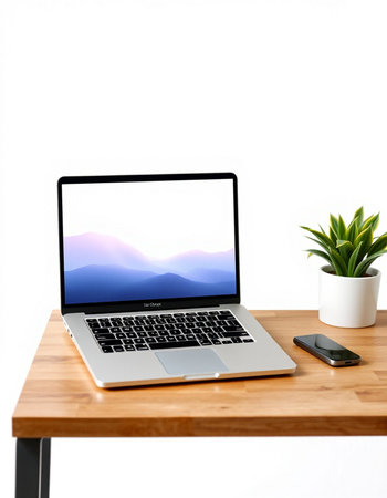 Modern workspace with laptop, smartphone and plant on wooden table isolated on white background