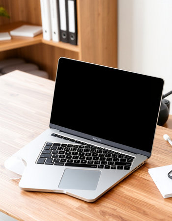 Laptop with blank screen on wooden desk in office. Mock up