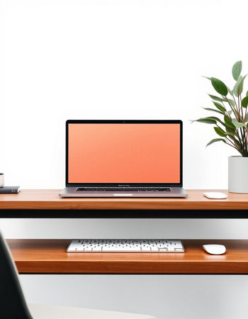 Laptop on wooden desk with white wall and plant in the background