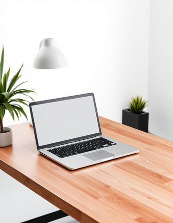 Laptop with blank screen on wooden table in office. Workplace concept