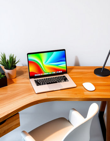 Laptop on a wooden table in a modern office. 3d rendering