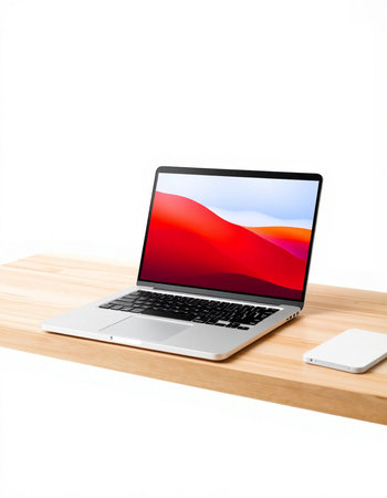 Laptop on wooden desk isolated on white background. 3d rendering.
