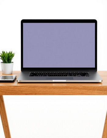 Laptop with blank screen on wooden table. 3d rendering.