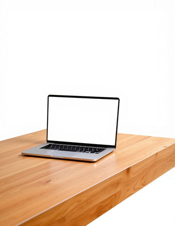 Laptop with blank screen on wood table isolated on white background.の写真素材