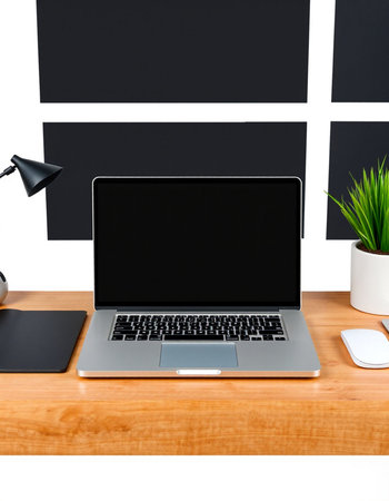 Close up of modern workplace with blank screen laptop, supplies and coffee cup. Mock up