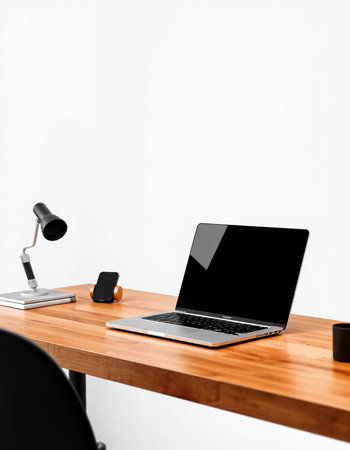 Laptop with blank screen on wooden table in office. Mock up, 3D Rendering