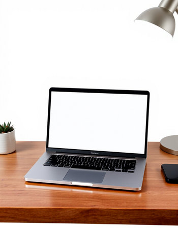 Laptop with blank screen on wooden table isolated on white background.