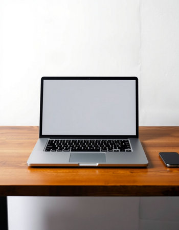 Laptop with blank screen on wooden table and white wall background.