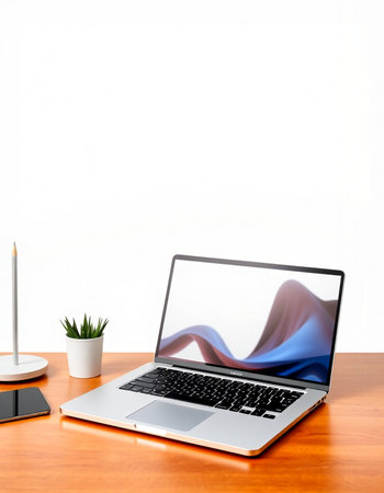 Laptop on wood table with white wall. 3d rendering.