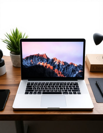 Laptop with mountain on screen. View from above. White background.