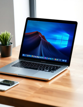 laptop on wood table with smart phone and plant in the background