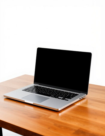 Laptop with blank screen on wooden desk isolated on white background.