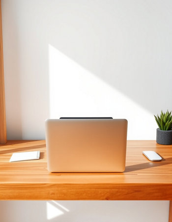 Laptop on a wooden table in a modern office. 3d rendering