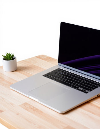 Laptop on a wooden desk with a plant on a white background