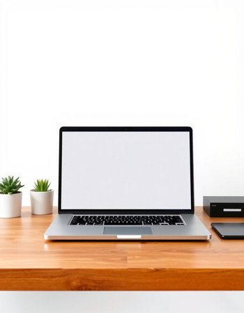 Laptop computer with blank screen on wooden table with white wall backgroundの写真素材