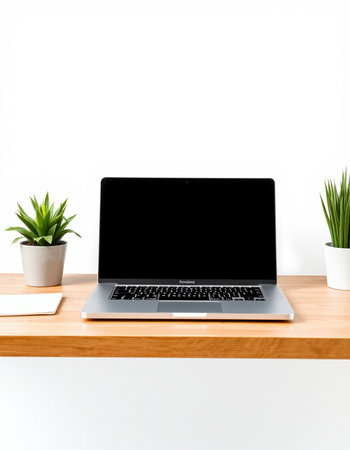 Laptop with blank screen on wooden table and white wall background.の写真素材