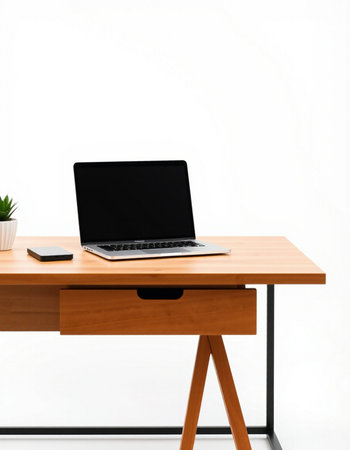 Laptop computer on wooden desk isolated on white background with clipping path
