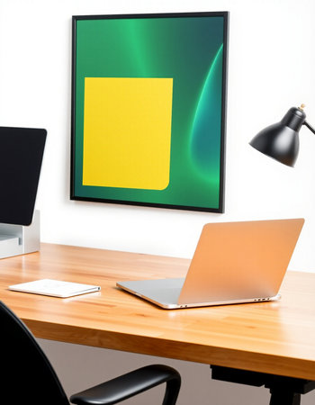 Laptop on a wooden table in a modern office with a picture on the wall