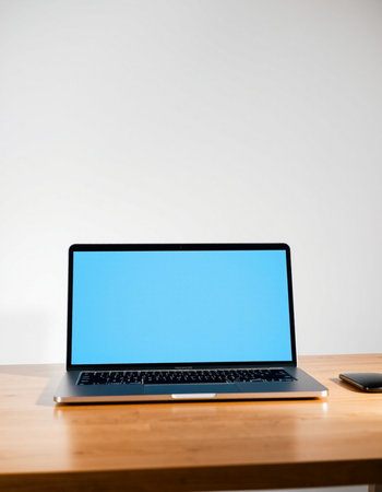 Laptop with blank blue screen on wooden table and white wall background