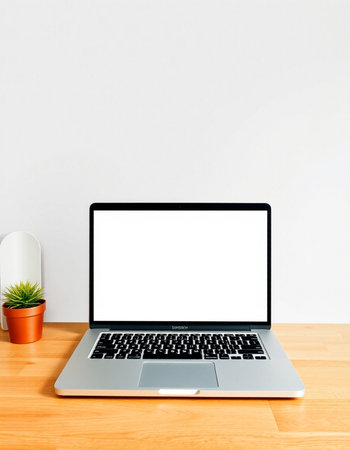 Laptop with blank screen on wooden desk and white wall background.