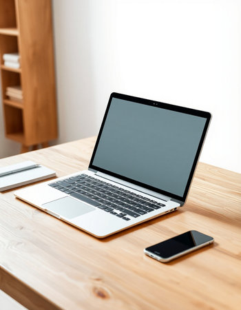 laptop with blank screen on wooden table in modern office, stock photoの写真素材