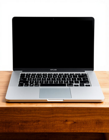 Laptop with black screen on a wooden table. White background.の写真素材