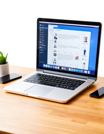Computer website on laptop in a modern office environment