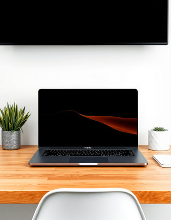 Laptop on wood table in modern room.の写真素材