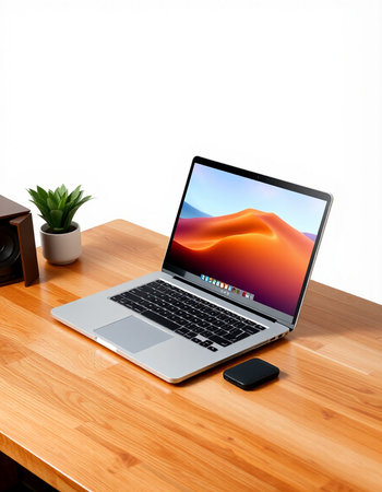 Laptop on wooden table with white background. 3d rendering.